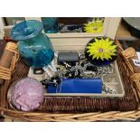 WICKER TRAY CONTANING ASSORTED COSTUME JEWELLERY, GLASS PAPERWEIGHTS,