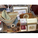 CRATE CONTAINING ASSORTED PRINTS, BAROMETER, GALLAWAY CRYSTAL,