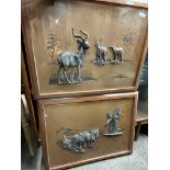 PAIR OF COPPER PLAQUES OF A HORSE AND PLOUGH AND WILDLIFE IN WOODEN FRAMES