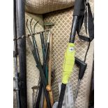 SMALL SELECTION OF GARDEN TOOLS INCLUDING RAKE, HOE,