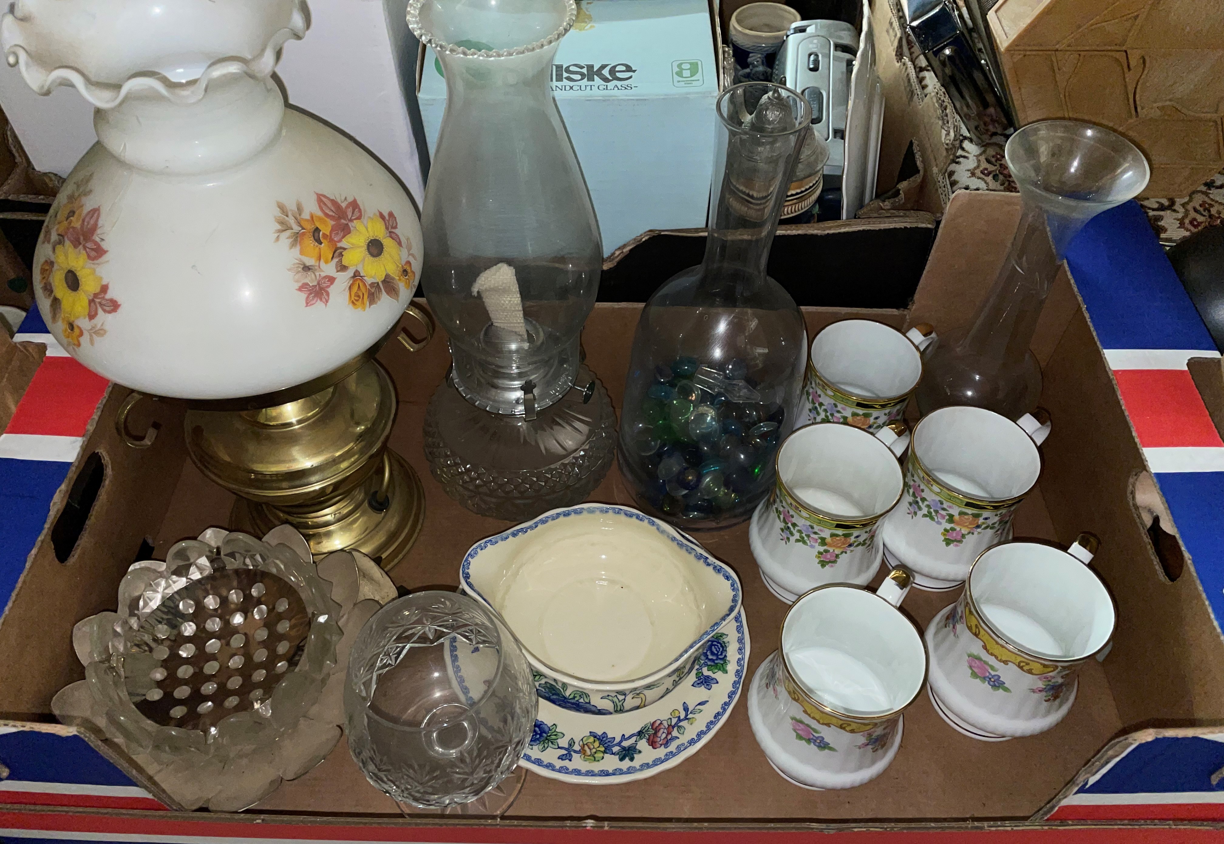 ELECTRIFIED OIL LAMP, PARAFFIN LAMP, GLASS PEBBLES IN VASE,