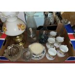 ELECTRIFIED OIL LAMP, PARAFFIN LAMP, GLASS PEBBLES IN VASE,