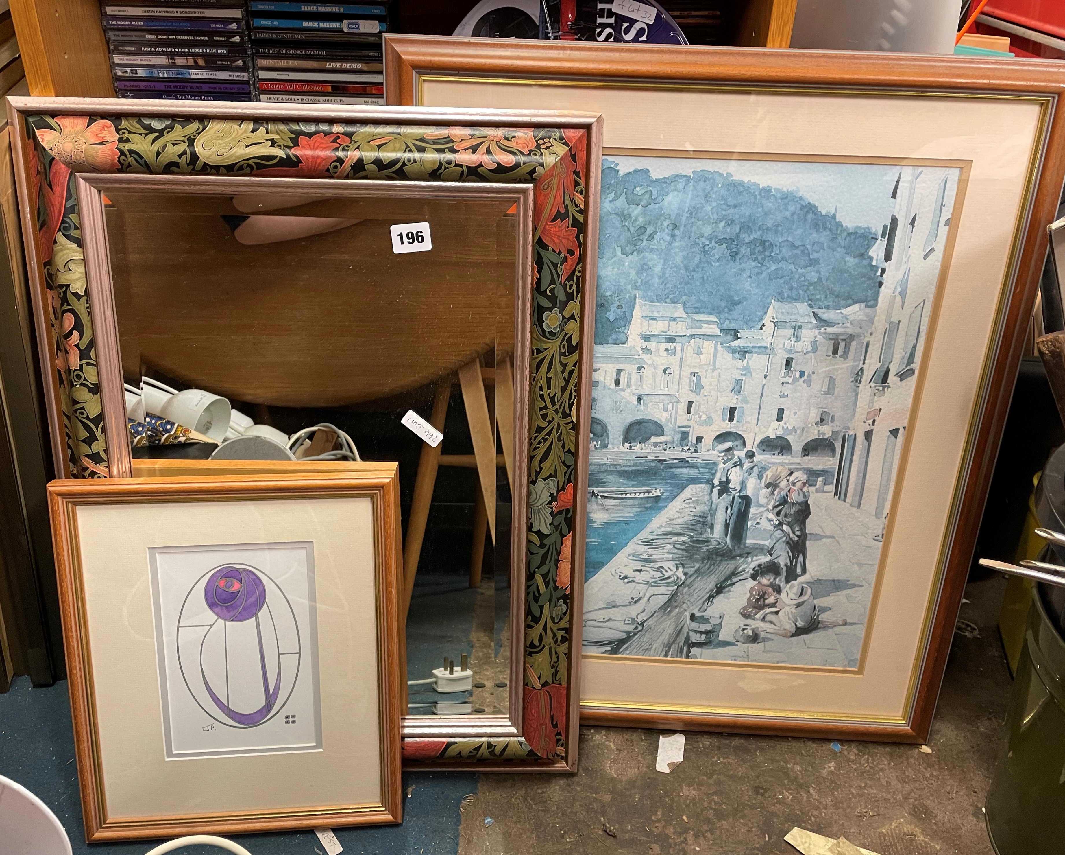 FRAMED AND GLAZED PRINT OF PORTOFINO AND WILLIAM MORRIS INSPIRED FRAMED MIRROR AND SMALL WATER