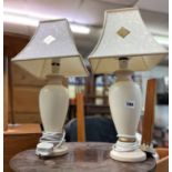 PAIR OF CREAM CERAMIC TABLE LAMPS WITH FABRIC SHADES