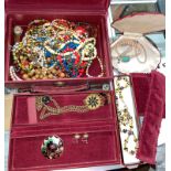 RED MORROCAN LEATHER JEWELLERY BOX WITH COSTUME JEWELLERY INCLUDING WATCH, SIMULATED ROSITA PEARLS,