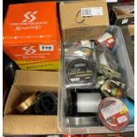FIVE NEW FIXED SPOOL REELS AND CARTON OF MIXED LINES