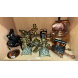 COPPER KETTLE, PAIR OF BRASS CANDLE STICKS, VARIOUS FLAT IRONS AND TRIVETS,