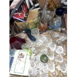 TWO CARTONS OF ASSORTED GLASSWARE INCLUDING COLOURED SUNDAE DISHES, COMPORT DISHED,
