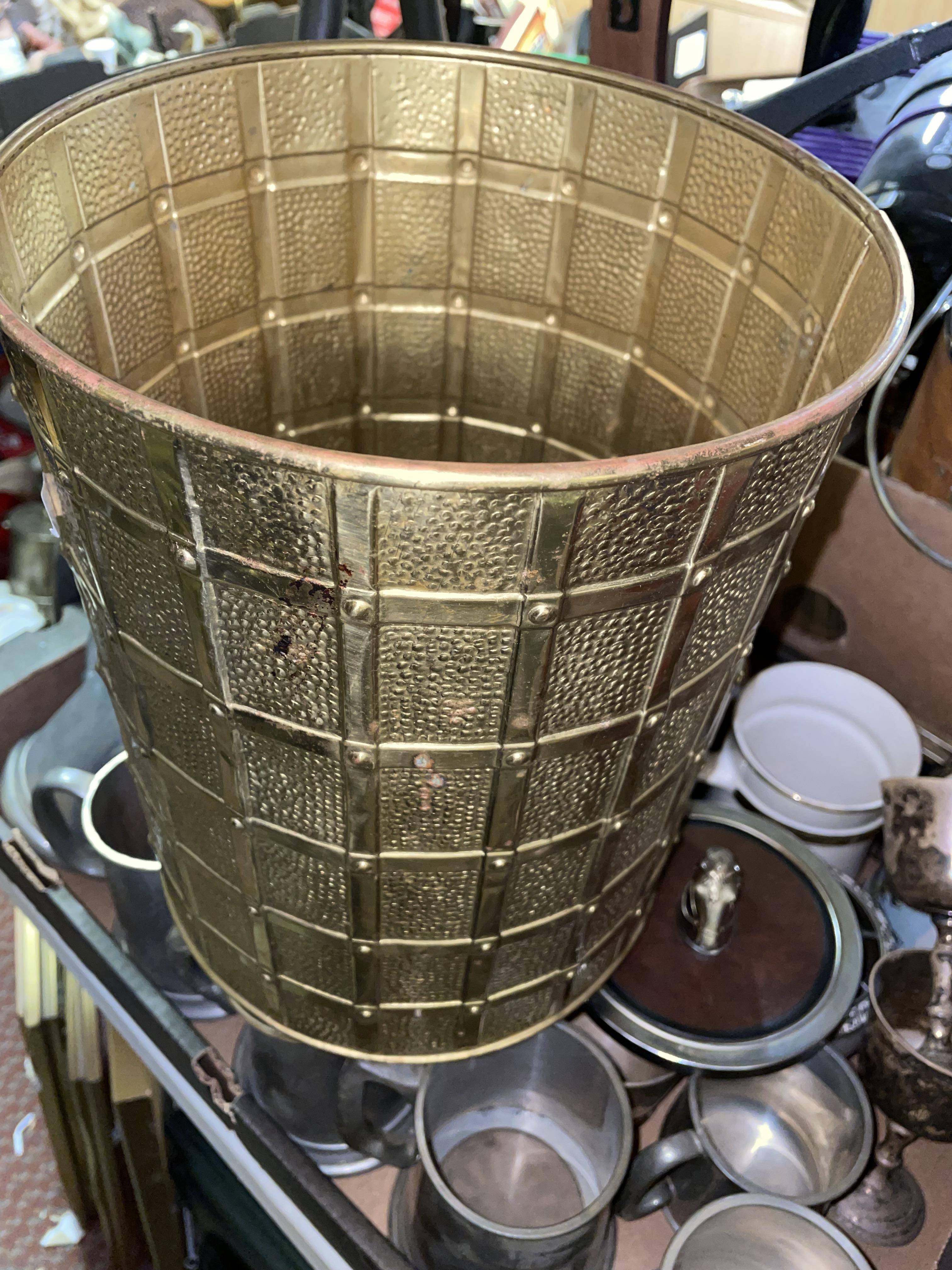 CARTON OF VARIOUS PEWTER AND METAL WARE GOBLETS, TANKARDS, ROSE BOWL, BRASS WASTE PAPER BIN, - Image 2 of 3