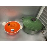 GREEN LECREUSET CASSEROLE DISH AND COVER AND ONE SMALLER