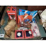 SMALL BOX OF WEMLOCK SPORTS MASCOT COLLECTIBLES, A RED PHONE BOX OF GLASS MARBLES,