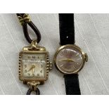 LADIES 9CT GOLD CASED ROTARY WRIST WATCH ON LEATHER STRAP AND VULGAR 17 JEWEL WRIST WATCH