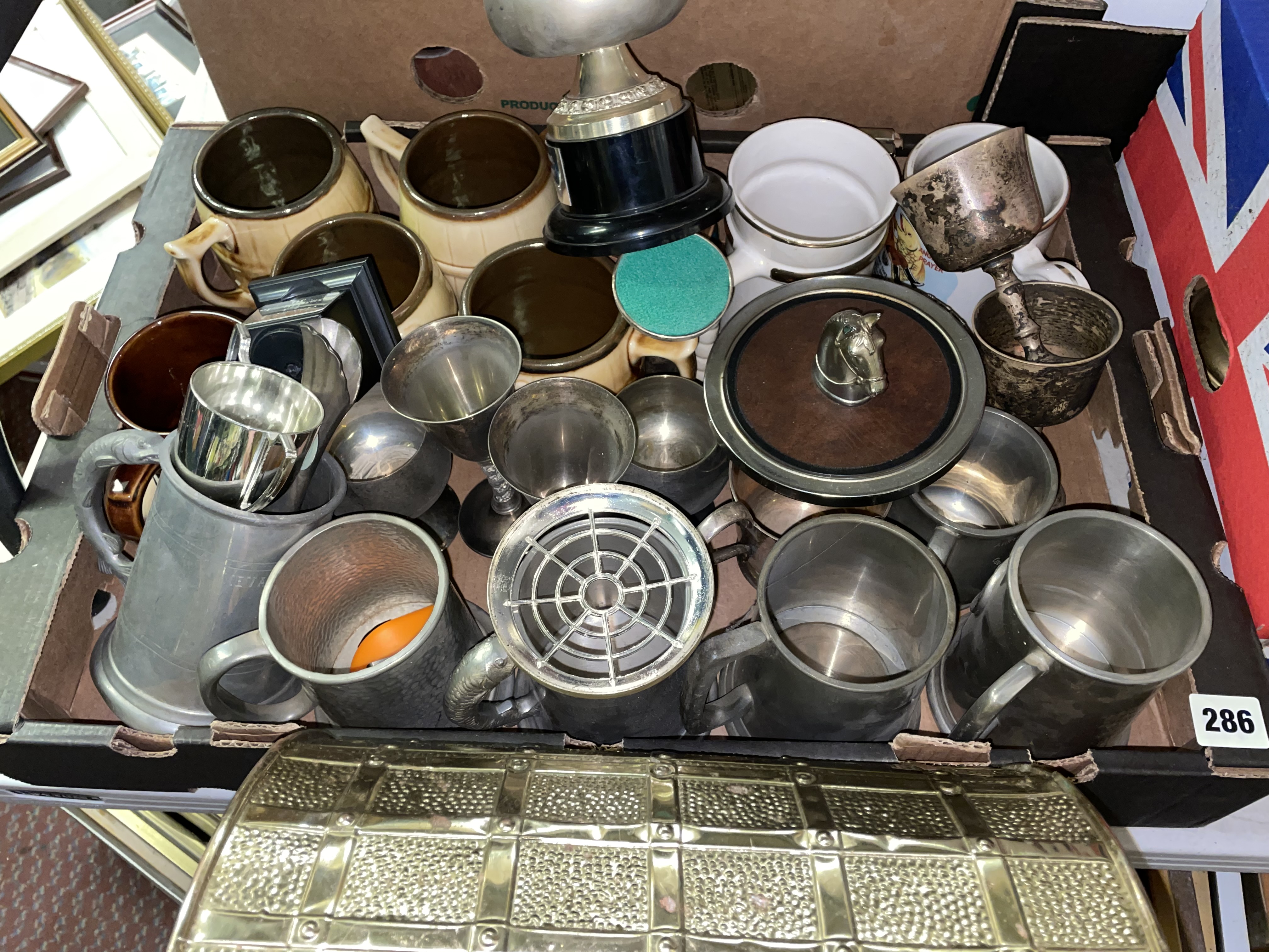 CARTON OF VARIOUS PEWTER AND METAL WARE GOBLETS, TANKARDS, ROSE BOWL, BRASS WASTE PAPER BIN,