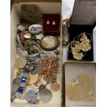 SMALL BOX OF VARIOUS COSTUME JEWELLERY, MARCASITE BAR BROOCH, PIXIE CHARM, ENAMEL BUTTERFLY BROOCH,