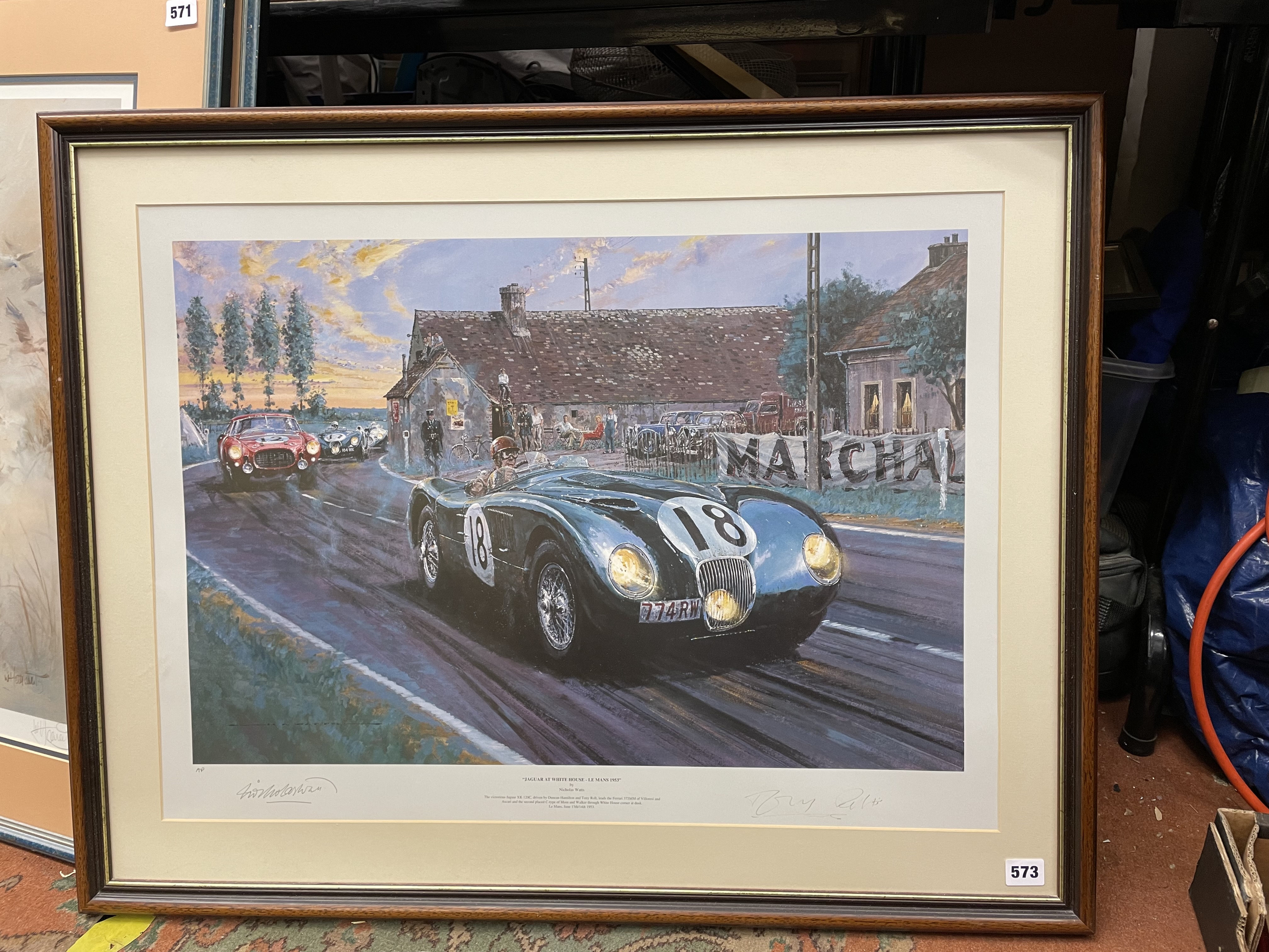 ARTISTS PROOF PRINT JAGUAR AT WHITE HOUSE - LE MANS 1953 BY NICOLAS WATTS ALSO SIGNED BY DRIVER