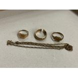 9CT GOLD CHAIN, THREE 9CT GOLD RINGS AS FOUND 7.