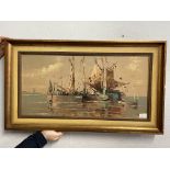 20TH CENTURY CONTINENTAL SCHOOL DUTCH FISHING SEASCAPE WITH BOATS SIGNED LOWER LEFT INDISTINCT 28CM