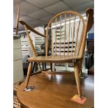 ERCOL LIGHT ELM HOOP BACK ARMCHAIR (ONE ARM REPAIRED)