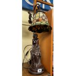 BRONZE EFFECT FEMALE FIGURAL LEADED GLASS TABLE LAMP