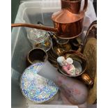 SMALL BOX OF BRASS AND COPPERWARE, COPPER RESIST JUG,