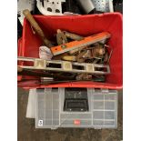 RED CRATE OF VARIOUS HAND TOOLS AND PLASTIC TOOL BOX