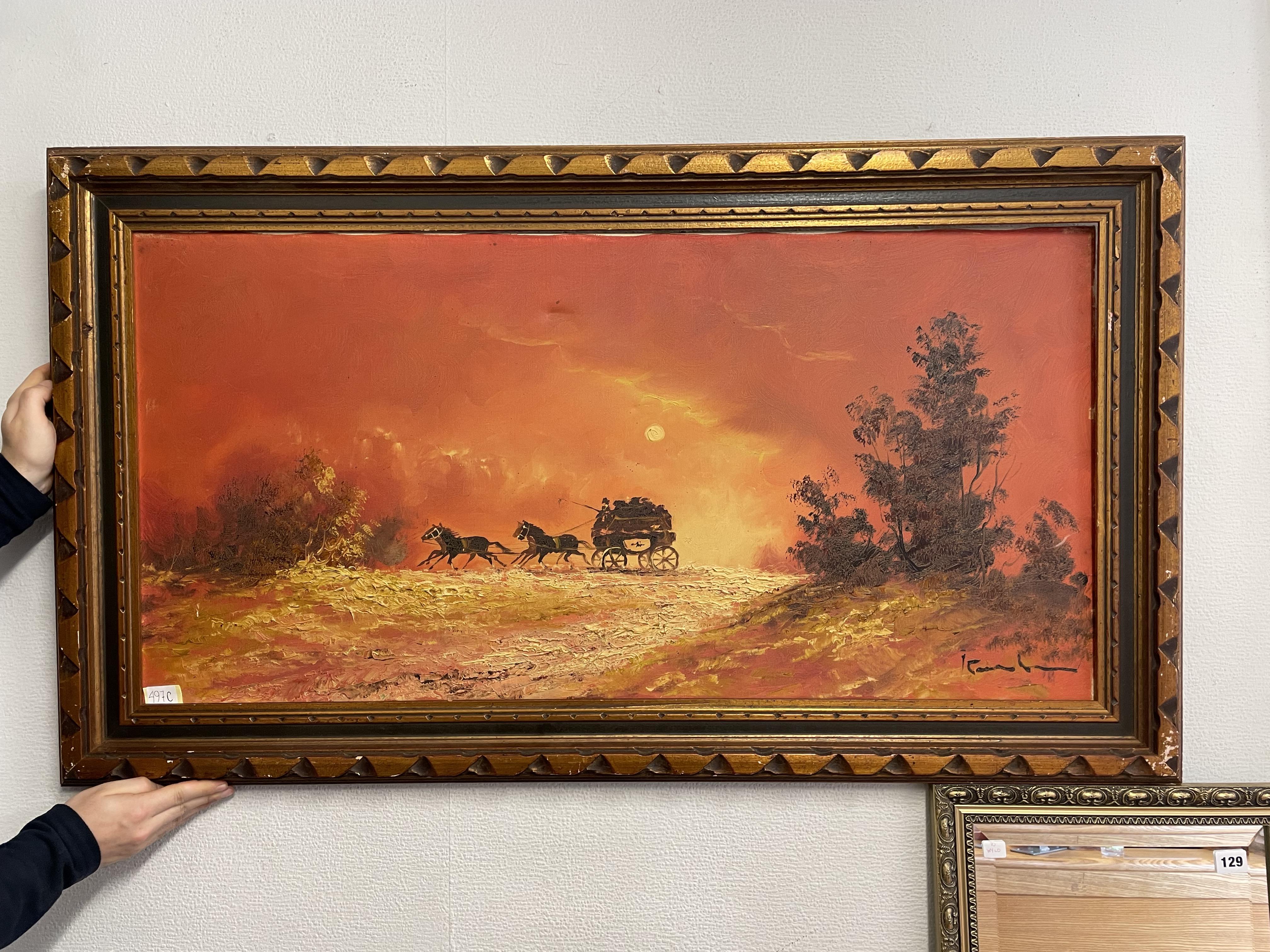 20TH CENTURY CONTINENTAL OIL ON CANVAS STAGECOACH AT SUNSET FRAMED SIGNED LOWER RIGHT INDISTINCT - Image 2 of 3
