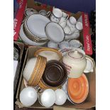 TWO BOXES OF ASSORTED CHINA INCLUDING PART BRIGITA TEA SET AND THORNTONS TOFFEE BARREL