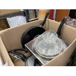 BOX OF SAUCEPANS AND CARTON OF ETCHED CUT AND COLOURED GLASSWARE