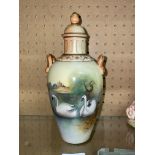 LOCKE AND CO WORCESTER BLUSH IVORY TWIN HANDLED JAR AND COVER PAINTED WITH SWANS SIGNED BACH