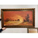20TH CENTURY CONTINENTAL OIL ON CANVAS STAGECOACH AT SUNSET FRAMED SIGNED LOWER RIGHT INDISTINCT