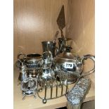 SILVER BACKED BRUSH, EPNS THREE PIECE TEA SERVICE, TOAST RACK, GOBLETS,