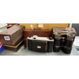 BOXED CHESS SET, CASED FLAT CAMERA, BINOCULARS,