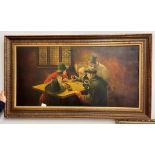 20TH CENTURY CONTINENTAL SCHOOL OIL ON CANVAS FIGURES IN INTERIOR SCENE PLAYING DICE FRAMED SIGNED