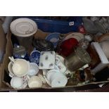 BOX INCLUDING PLATED TEAPOT, CORONATION WARE, RUBY VASE, ETC.
