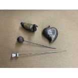 MINIATURE CHESTER SILVER HALL MARKED PIN CUSHION IN FORM OF A DUCK AND HEART SHAPED LOCKET AND TWO
