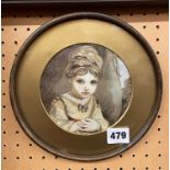SMALL WATER COLOUR OF YOUNG GIRL IN ROUND FRAME