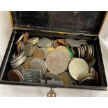 ENAMEL CASH TIN OF MISCELLANEOUS WORLD AND GB COINS