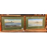 JUDITH A CURRIE OILS AND GOUACHE ENTITLED LINDISFARNE AND BAMBURUGH CASTLE A PAIR,