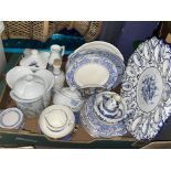 CARTON OF BLUE AND WHITE TRANSFER PRINTED WARE AND PORTUGUESE STYLE PORCELAIN