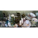 SHEF OF MISCELLANEOUS POTTERY AND GLASS INCLUDING DOGS OF FO, DECORATIVE GLASS AND CERAMIC BELLS,