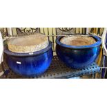 TWO ROYAL BLUE GLAZED PLANTERS AND THREE STONEWARE PLANTERS