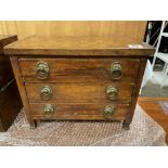 WALNUT APPRENTICE STYLE MINIATURE THREE DRAWER CHEST TOP WITH INLAID CHEQUER BOARD 27CM HEIGHT,