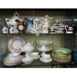 TWO SHELVES OF VICTORIAN AND EDWARDIAN PERIOD POTTERY AND PORCELAIN INCLUDING STAFFORDSHIRE FLAT