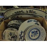 THREE GRADUATED WOODWARE PLATTERS AND VARIOUS BLUE AND WHITE PLATES