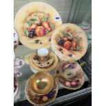 AYNSLEY FINE BONE CHINA ORCHARD GOLD FRUIT PLATES, COFFEE CAN TRIO,