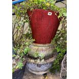 THREE STONEWORK PLANTERS AND A RUSSET GLAZED TAPERED PLANTER