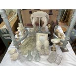 SELECTION OF PLASTER AND RESIN MOULDED ORNAMENTAL FIGURES, TEA LIGHT HOLDERS,