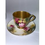 ROYAL WORCESTER PORCELAIN MINIATURE TEACUP AND SAUCER PAINTED WITH ROSES BY M HUNT AND A ROYAL