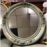 GREEN PAINTED OVAL FRAMED MIRROR WITH APPLIED FLORAL SWAGS 75CM DIA APPROX