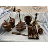 TREEN INCLUDING A WASSAIL BOWL, PAIR OF BOOKENDS, ABACUS,